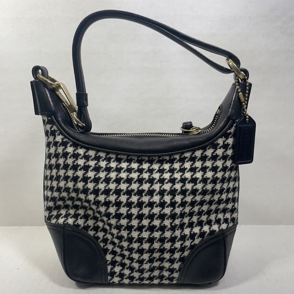 RARE Vintage Coach Houndstooth Tweed Wool & Leather Shoulder Bag